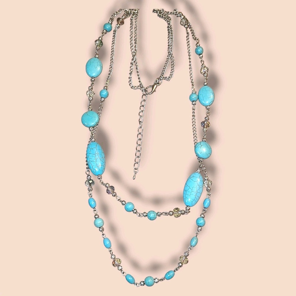 Turquoise Howlite Bead Necklace 28" Two Strand‎ Silver Tone Crystal Boho Layered